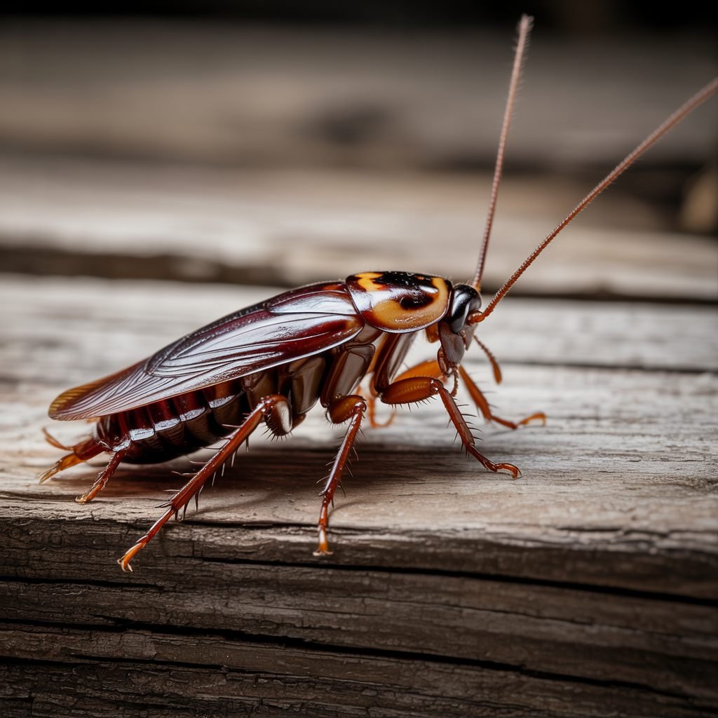 Close-up of a light-brown cockroach, the appearance homeowners should learn to distinguish from an outdoor palmetto bug