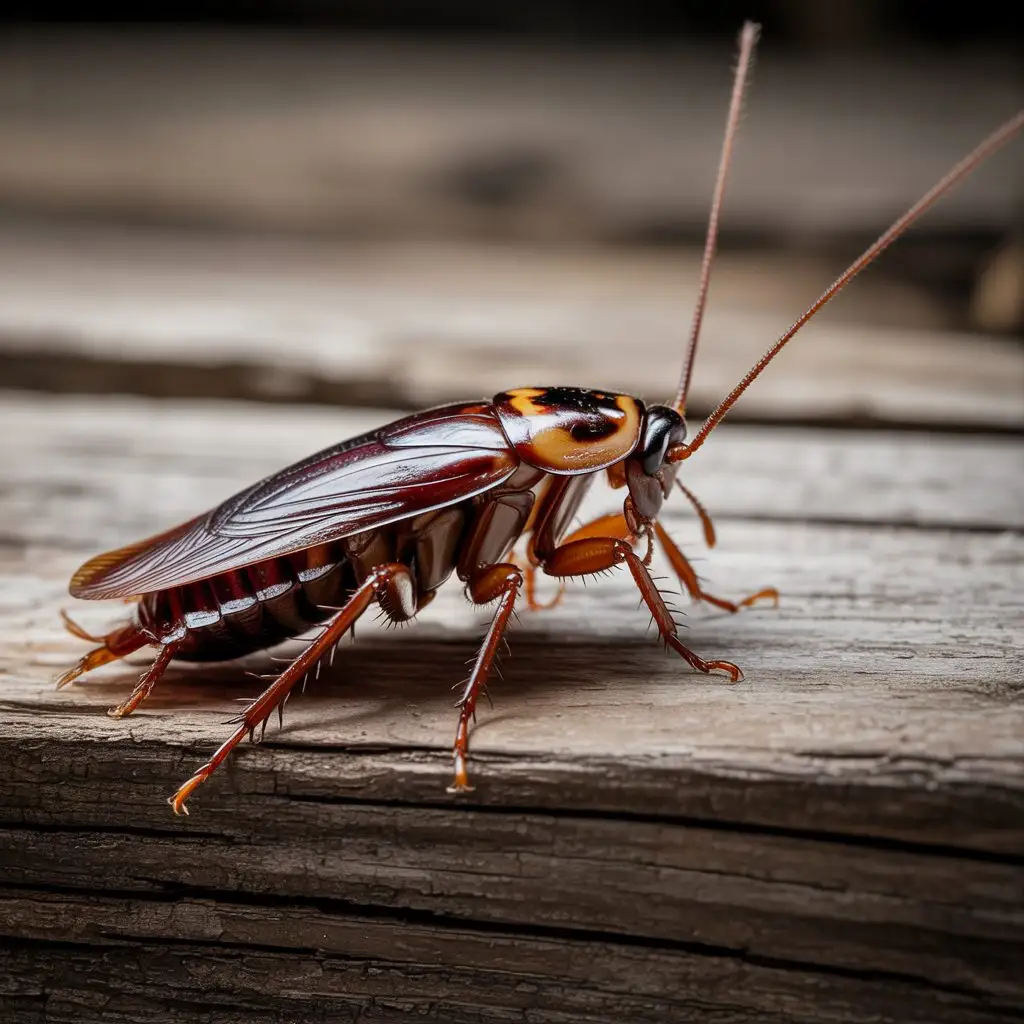 Close-up of a light-brown cockroach, the appearance homeowners should learn to distinguish from an outdoor palmetto bug