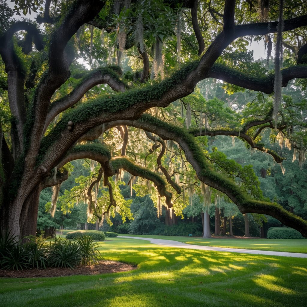 Broad live oak with spreading limbs — the mature canopy typical of Tallahassee's older neighborhoods