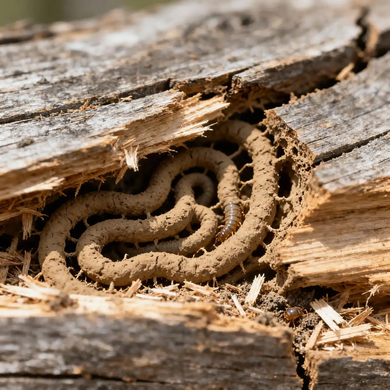 Wood galleries of the kind carpenter ants excavate in moist Tallahassee homes